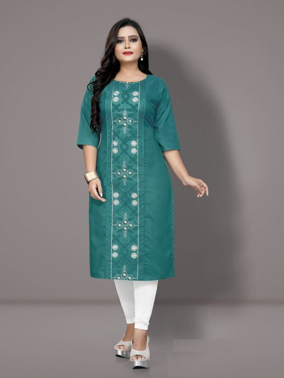 Image of Fabriza Embroidered Cotton Blend A-line Kurta for Women (Light Green)
