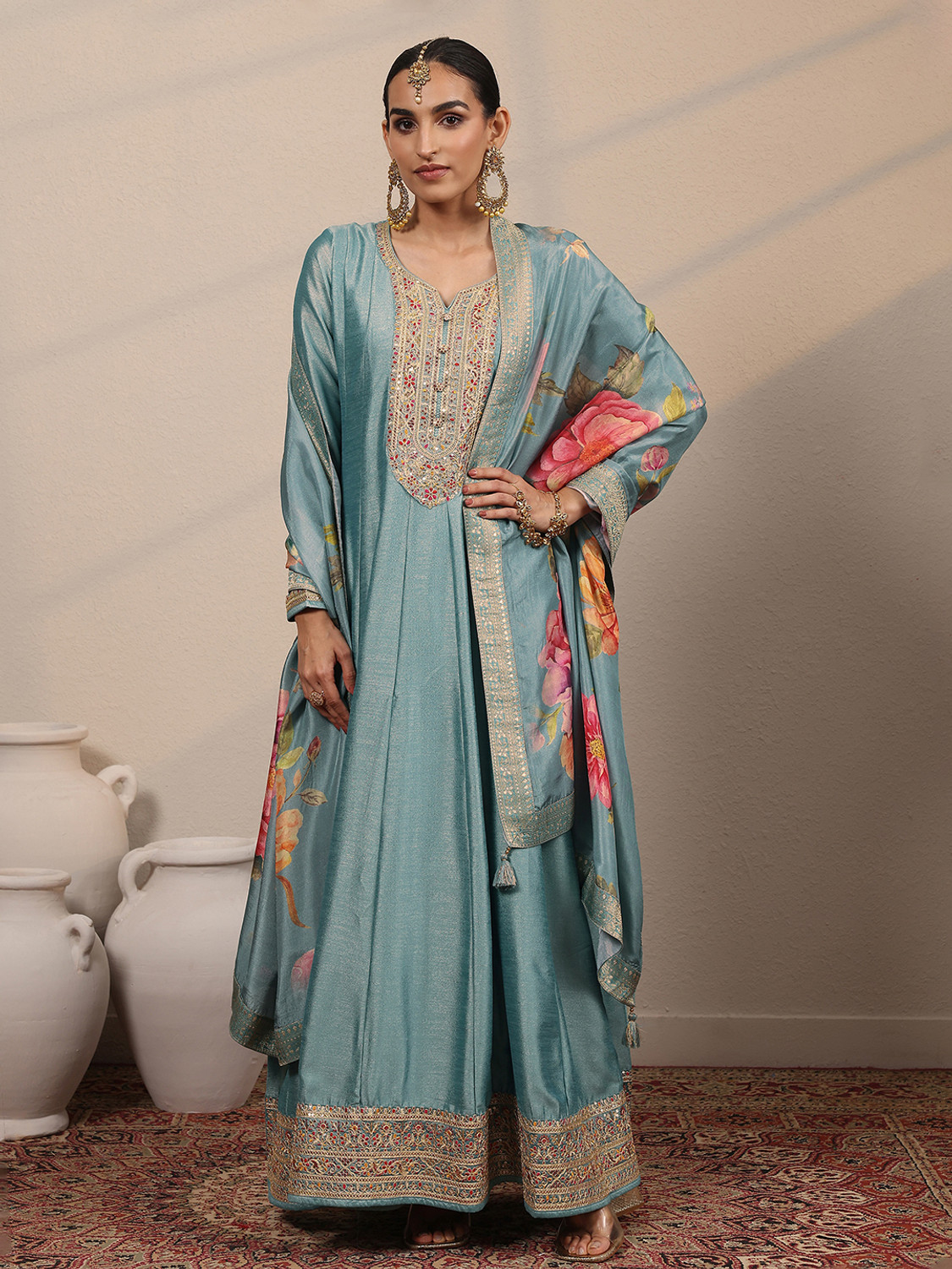 Image of LIBAS Embroidered Silk Blend A-line Kurta for Women With Attached Dupatta (Blue)