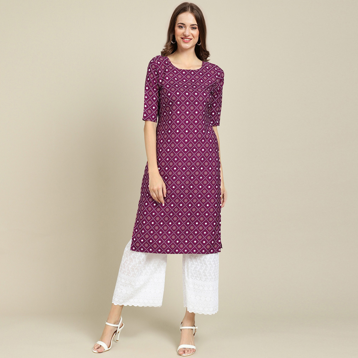 Image of EthnicBasket Printed Crepe Straight Kurta for Women (Purple)