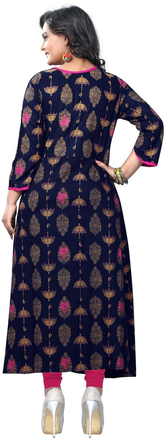 Image of VBUYZ Printed Viscose Rayon A-line Kurta for Women (Blue, Pink)