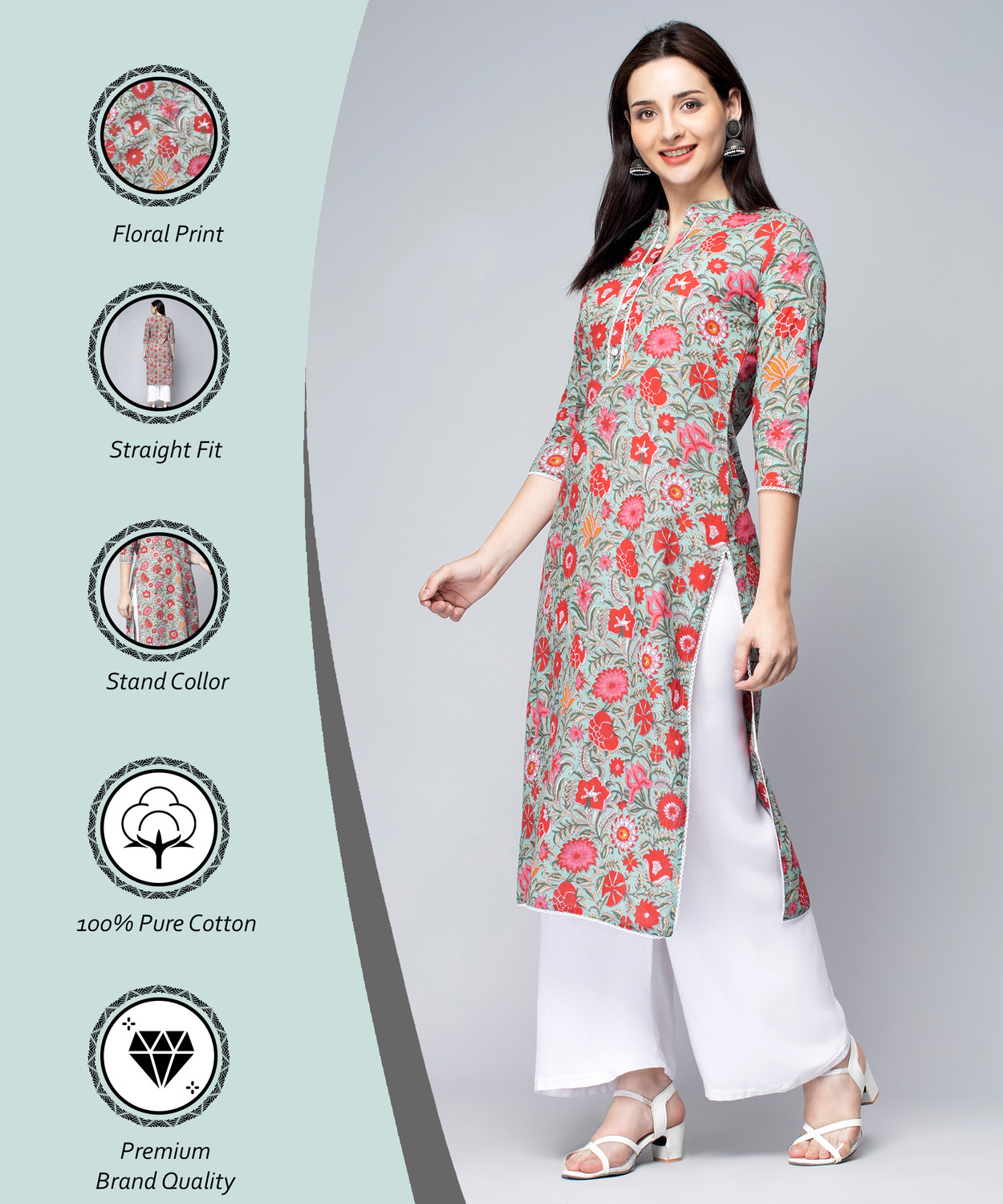 Image of GREYSHADE Floral Print Pure Cotton Straight Kurta for Women (Multicolor)