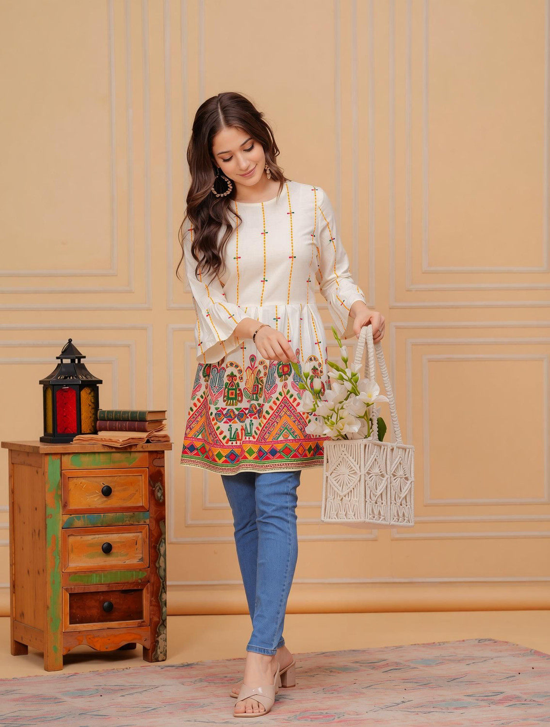 Image of HINGLAJRAJ Floral Print Pure Cotton Flared Kurta for Women (White)