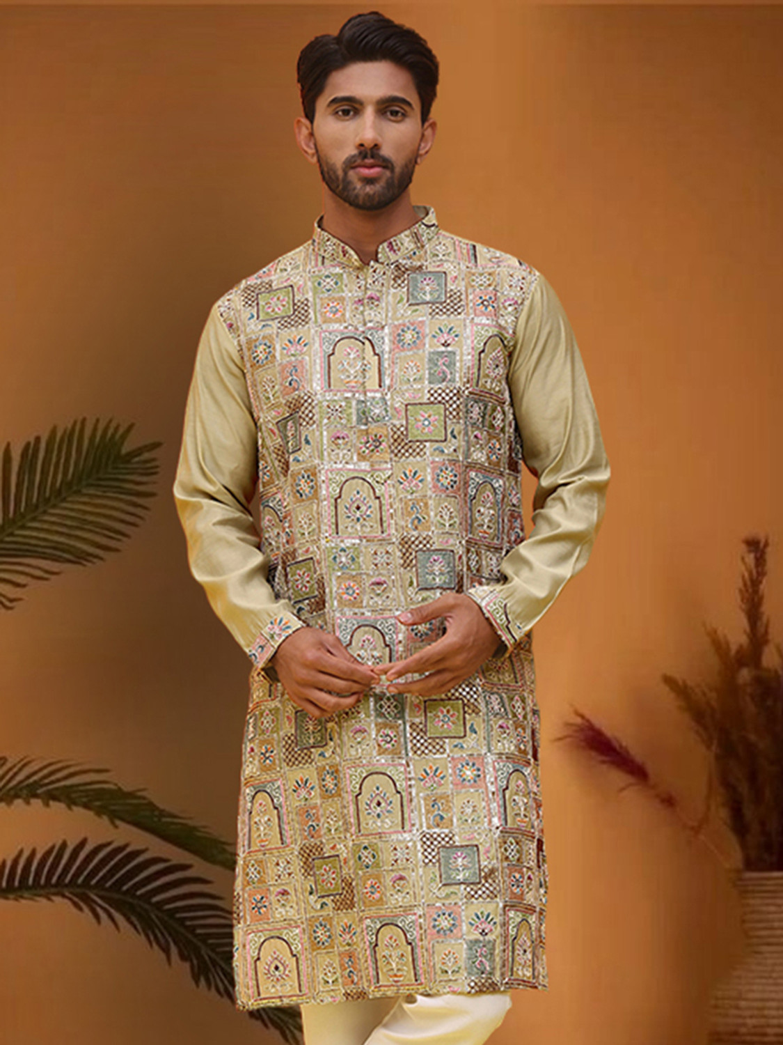 Image of Jompers Embroidered Silk Blend Straight Kurta for Men (Green)