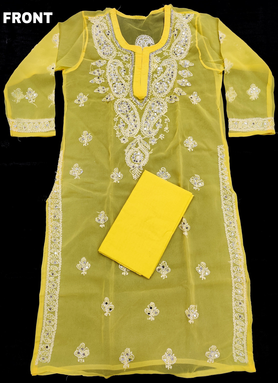 Image of ElegantFashion Chikan Embroidery Georgette A-line Kurta for Women (Yellow)