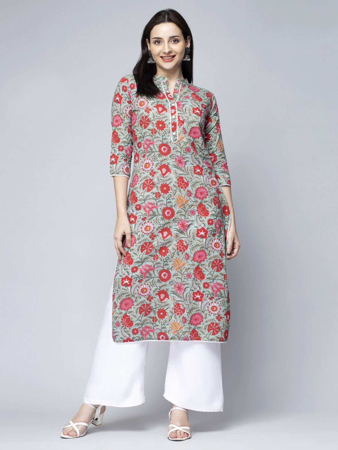 Image of GREYSHADE Floral Print Pure Cotton Straight Kurta for Women (Multicolor)