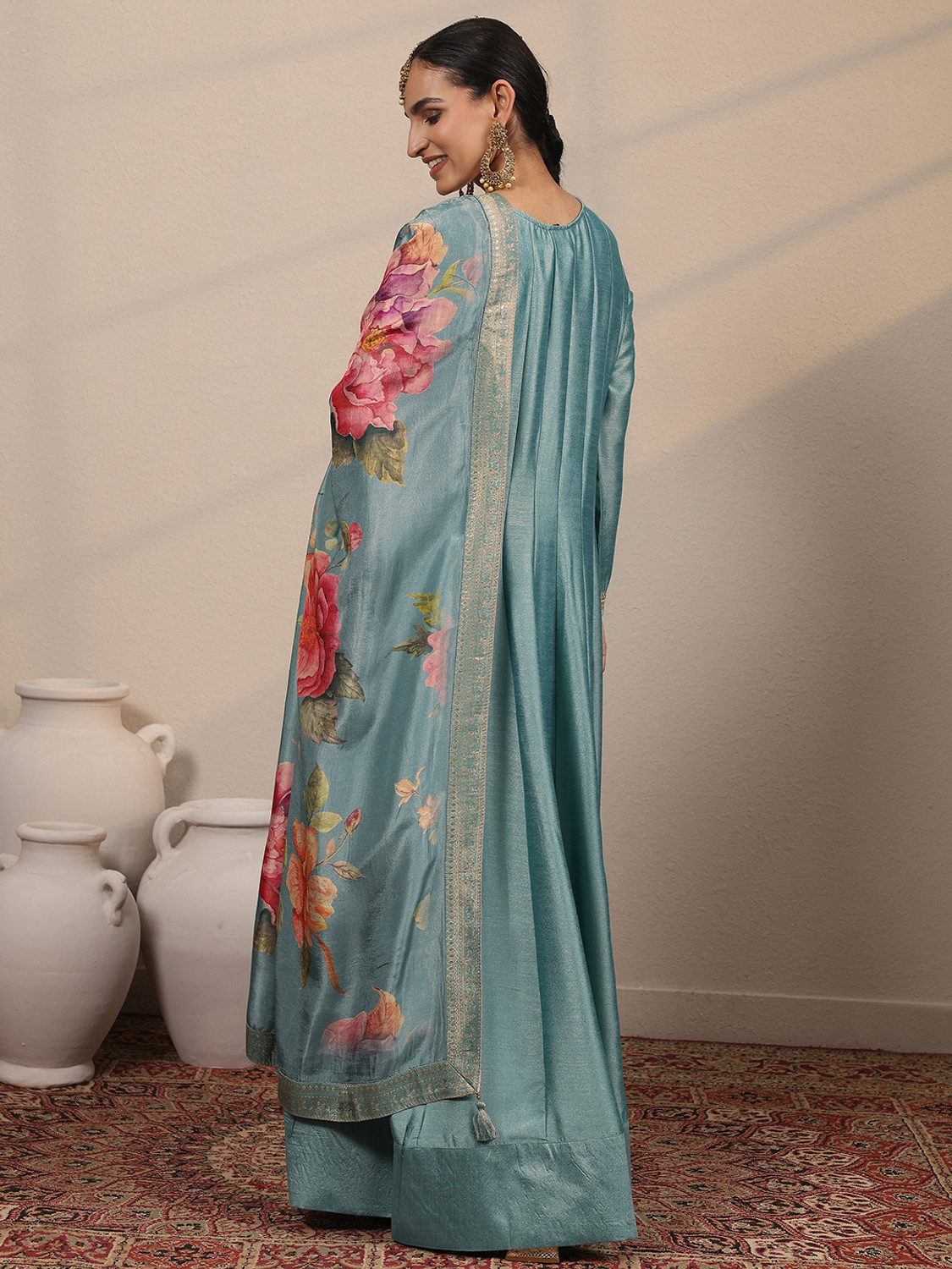 Image of LIBAS Embroidered Silk Blend A-line Kurta for Women With Attached Dupatta (Blue)