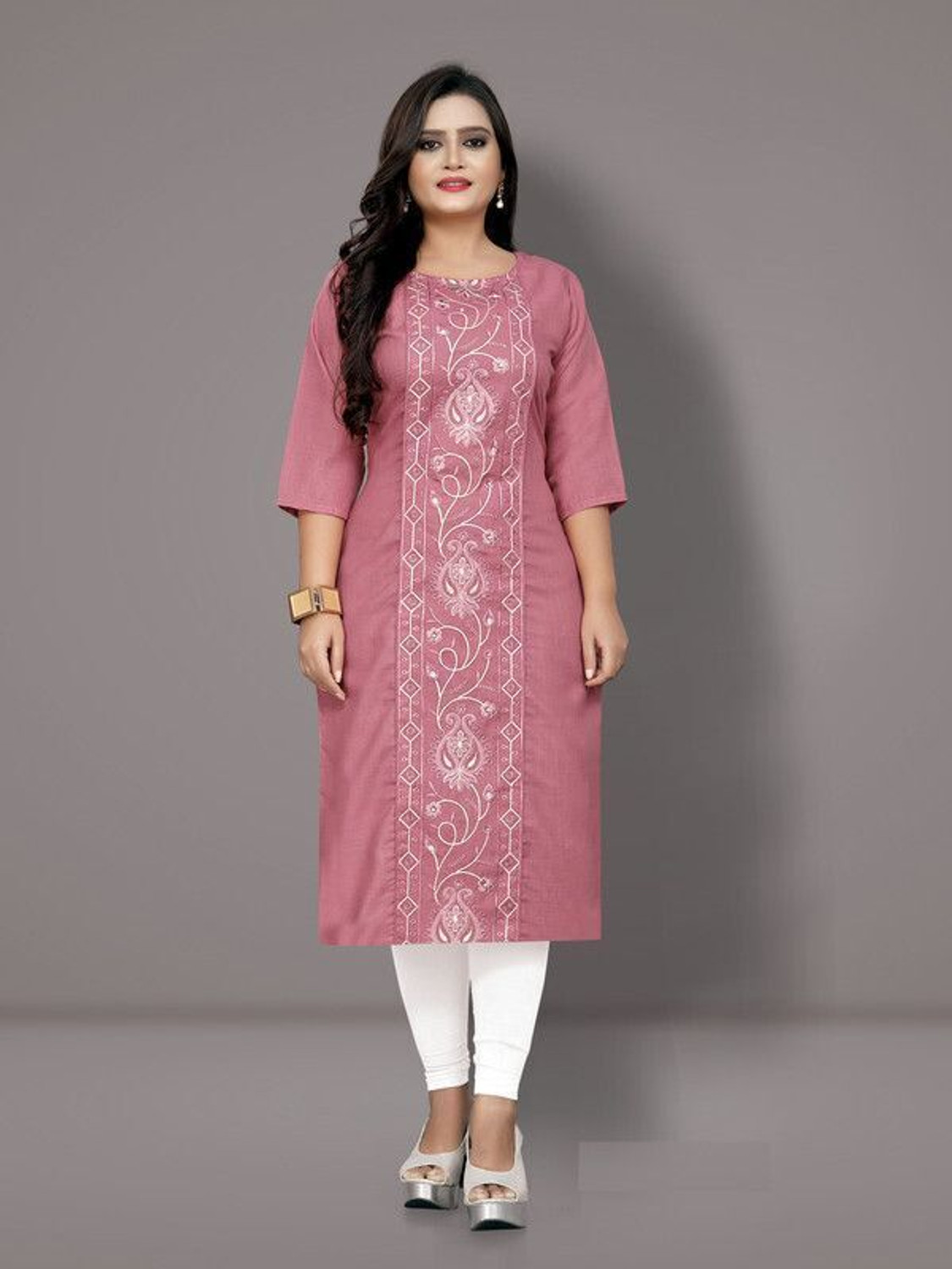 Image of Fabriza Embroidered Cotton Blend A-line Kurta for Women (Light Green)
