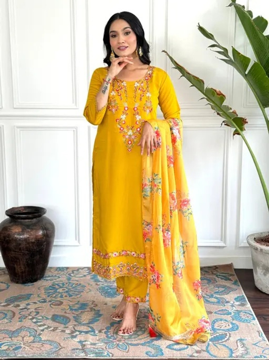 Image of Shree Kandhal Fashion Women Cotton Rayon Kurti Pant Attached Dupatta Set