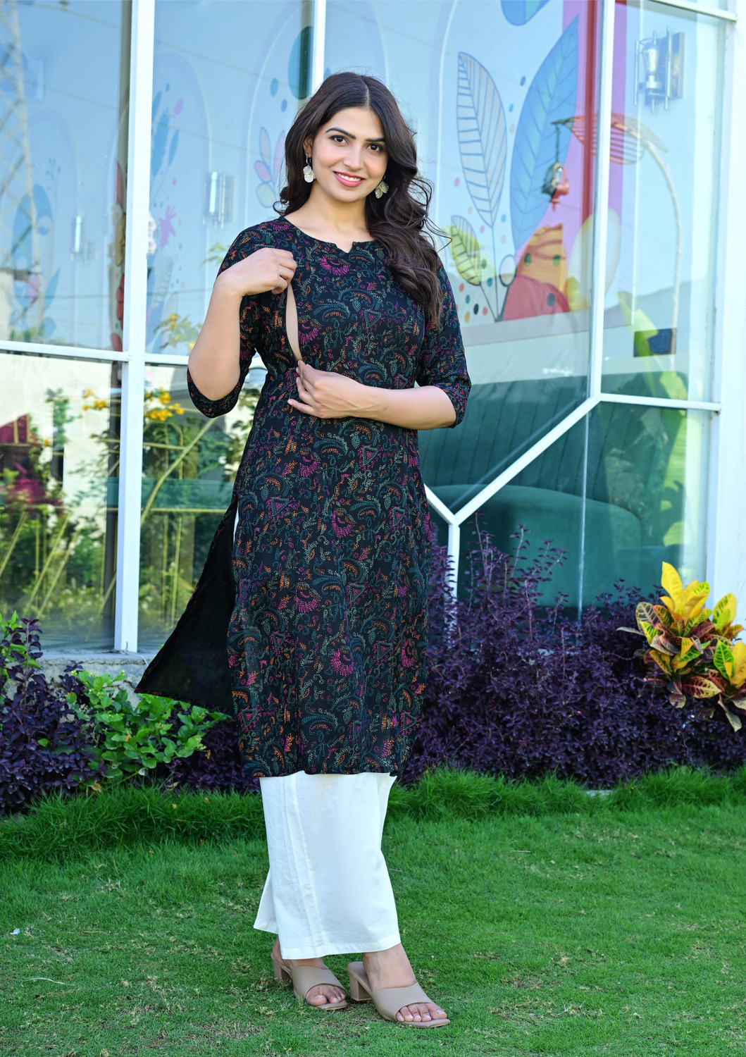 Image of VCJ Floral Print Pure Cotton Flared Kurta for Women (Red)