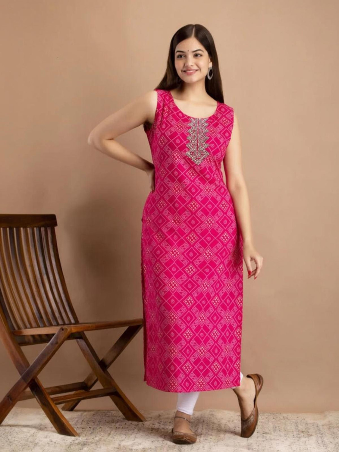 Image of A C KANANI Printed Viscose Rayon Straight Kurta for Women (Pink)