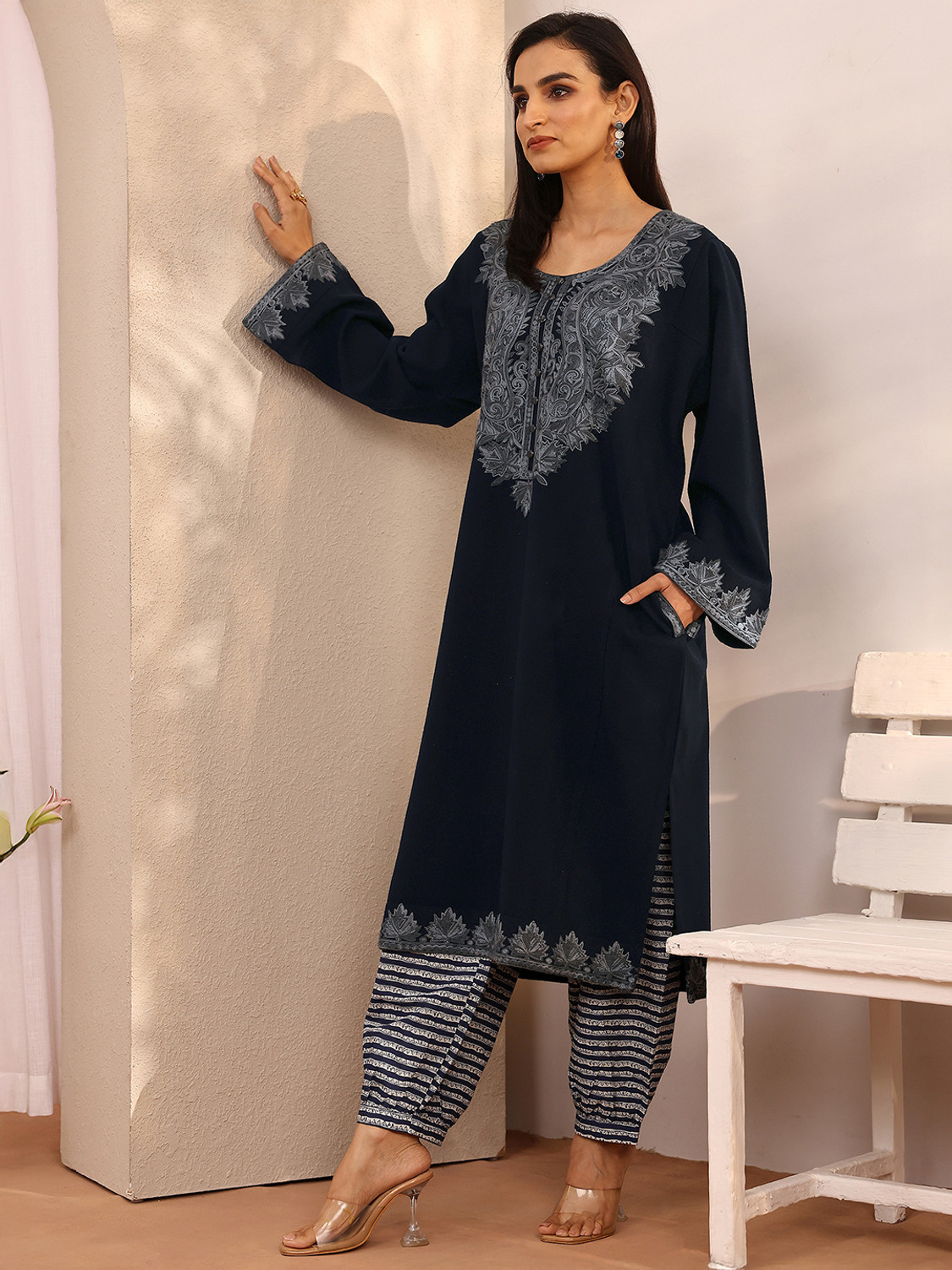 Image of LIBAS Embellished Silk Blend A-line Kurta for Women (Blue)