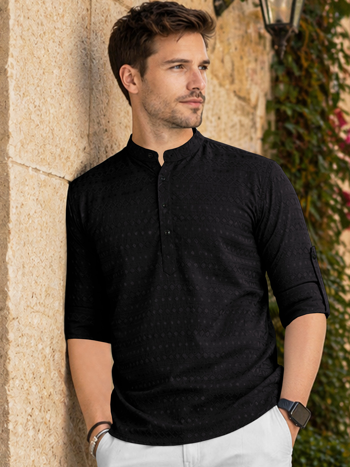 Image of Vashuqi Solid Cotton Blend Straight Kurta for Men (Brown)