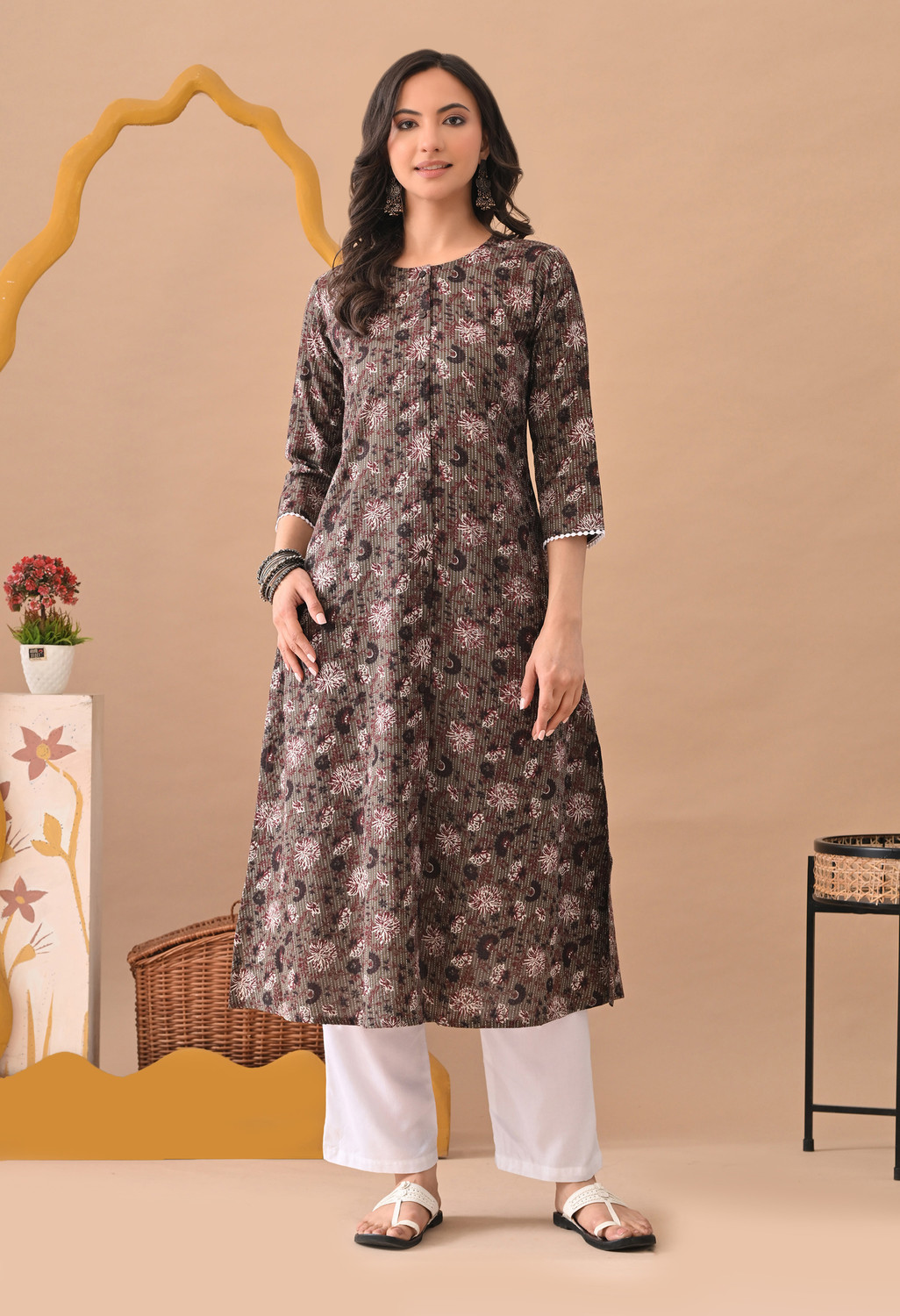 Image of GREYSHADE Floral Print Pure Cotton Straight Kurta for Women (Multicolor)