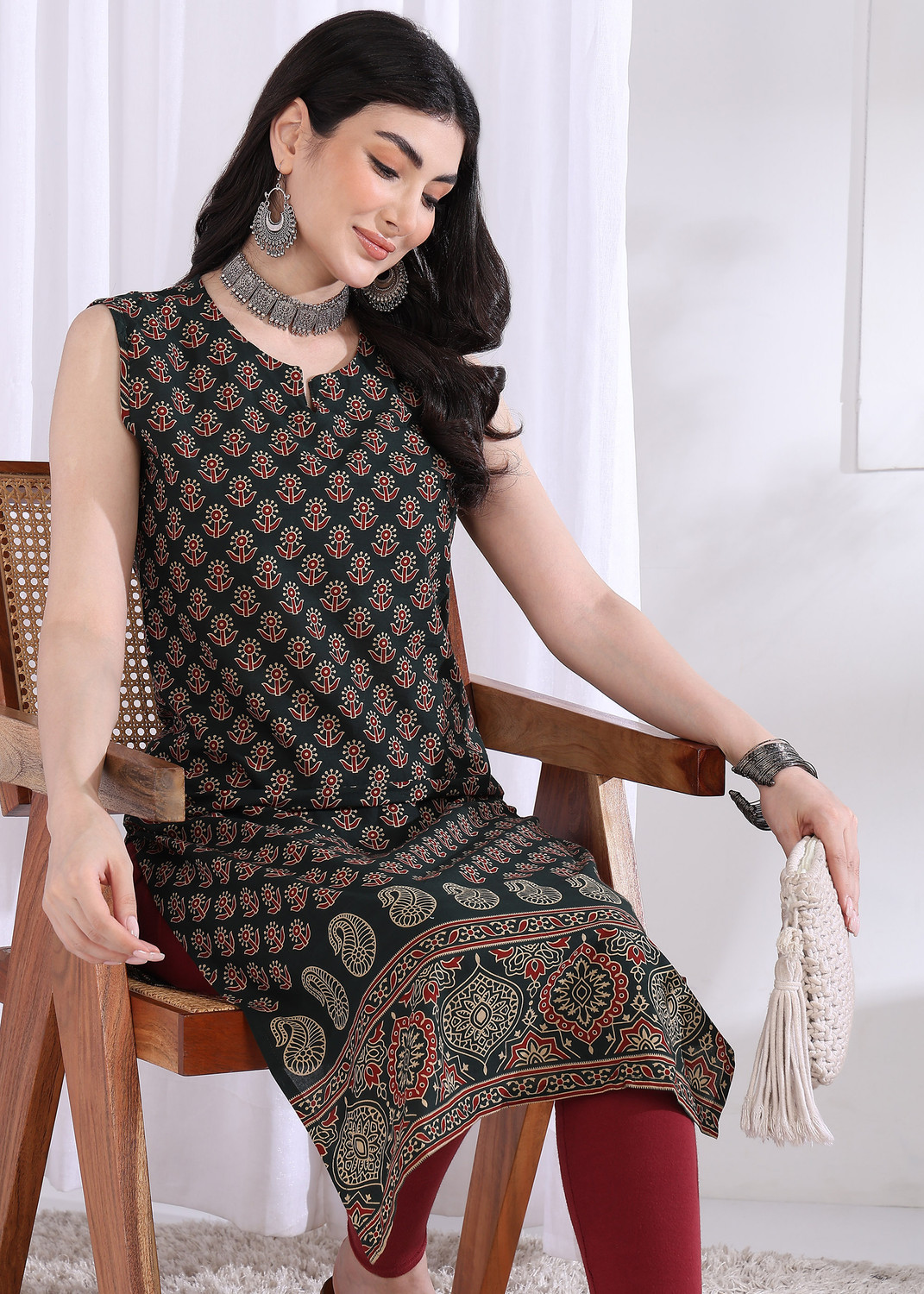Image of VBUYZ Printed Viscose Rayon A-line Kurta for Women (Blue, Pink)
