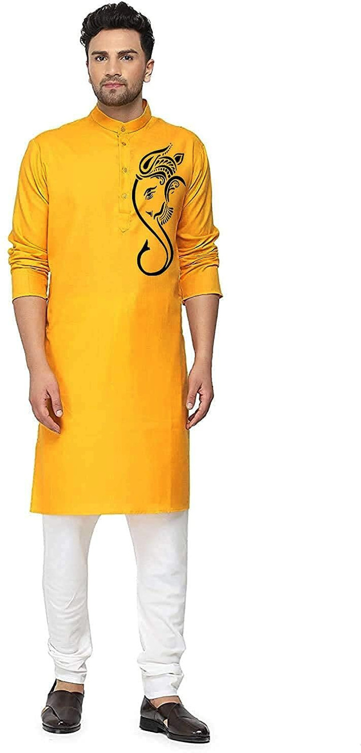 Image of Ethnic Corner Solid Cotton Blend Straight Kurta for Men (Yellow)