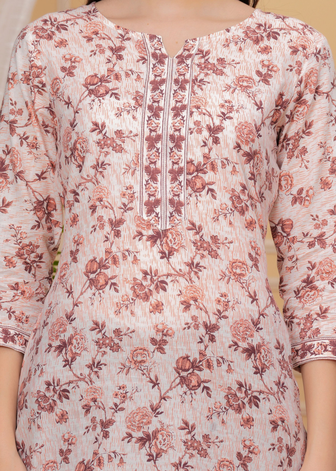 Image of PANCHHIRAJ TEXTILE Floral Print Cotton Blend Straight Kurta for Women (White, Brown)