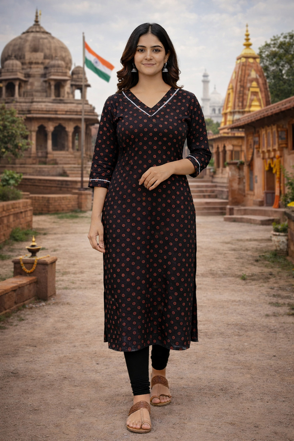 Image of Peachy Robes Printed Viscose Rayon Straight Kurta for Women (Black)