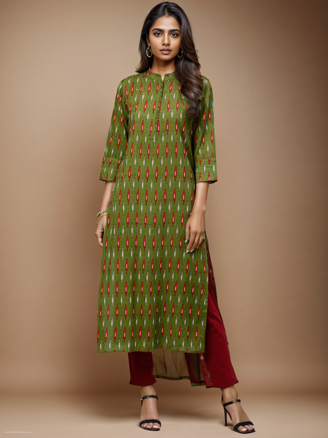 Image of MANRA CREATION Ikat Cotton Rayon Anarkali Kurta for Women (Green)