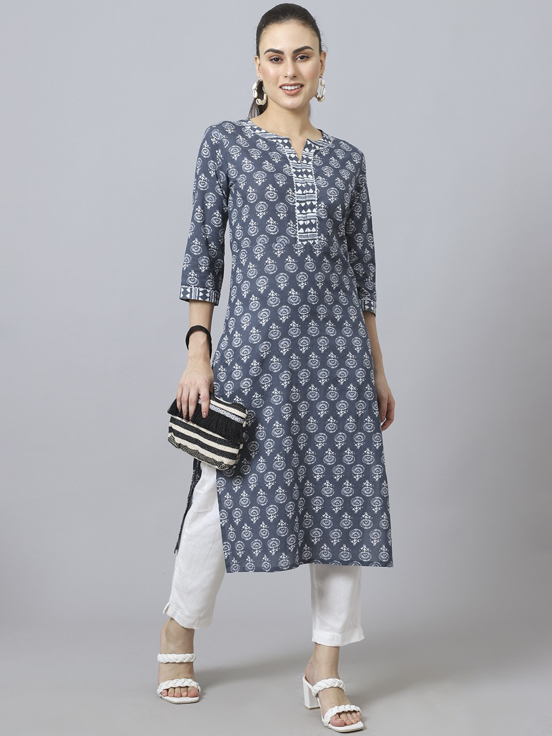 Image of GREYSHADE Floral Print Pure Cotton Straight Kurta for Women (Multicolor)