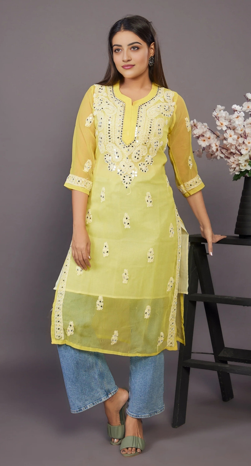 Image of ElegantFashion Chikan Embroidery Georgette A-line Kurta for Women (Yellow)