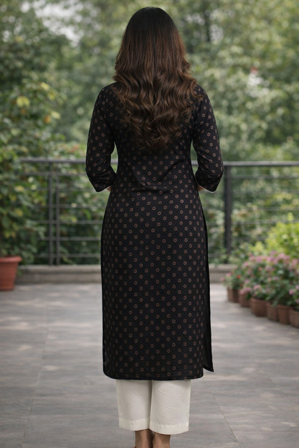 Image of Peachy Robes Printed Viscose Rayon Straight Kurta for Women (Black)