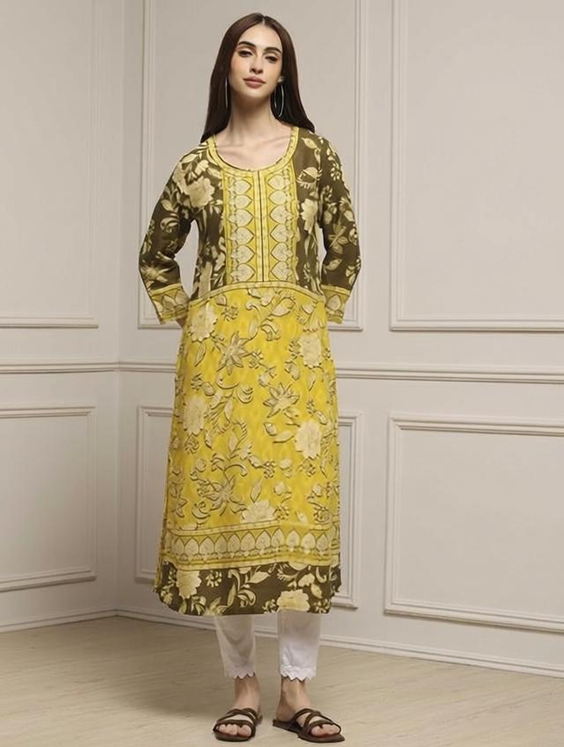 Image of BIBA Solid Viscose Rayon Straight Kurta for Women (Yellow)