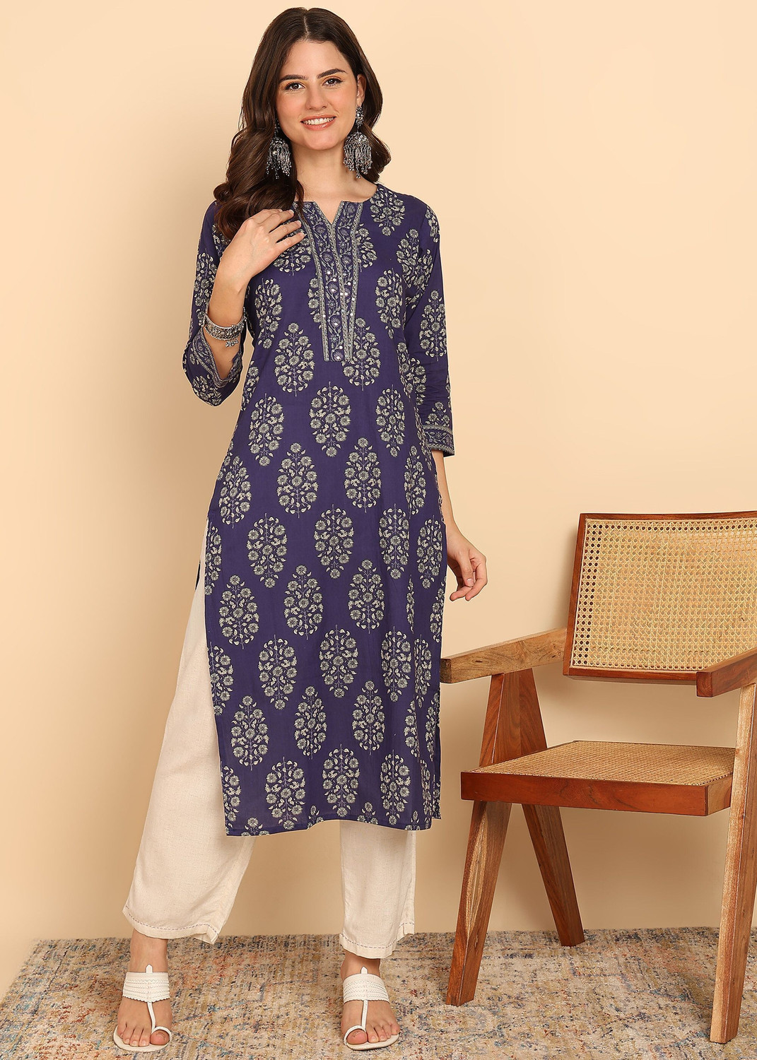 Image of VBUYZ Printed Viscose Rayon A-line Kurta for Women (Blue, Pink)