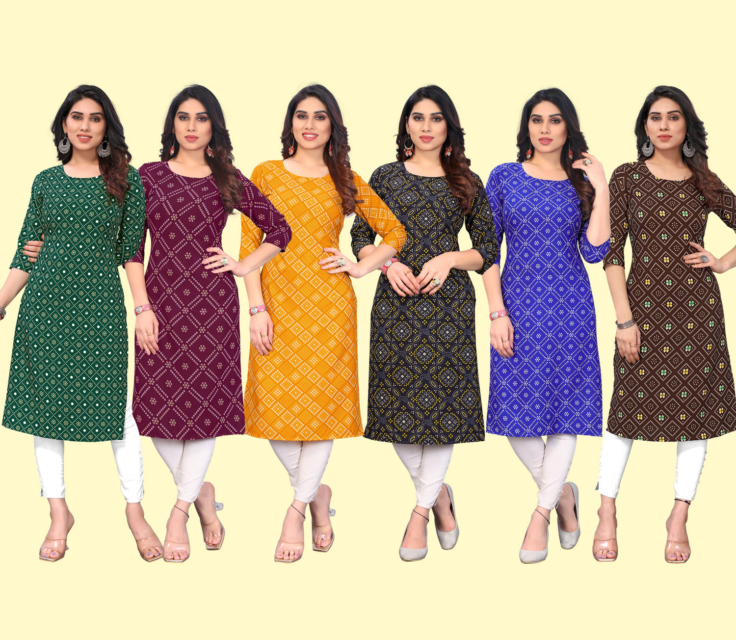 Image of KETAKI FASHION Pack of 6 Printed Polyester Straight Kurta for Women (Multicolor)