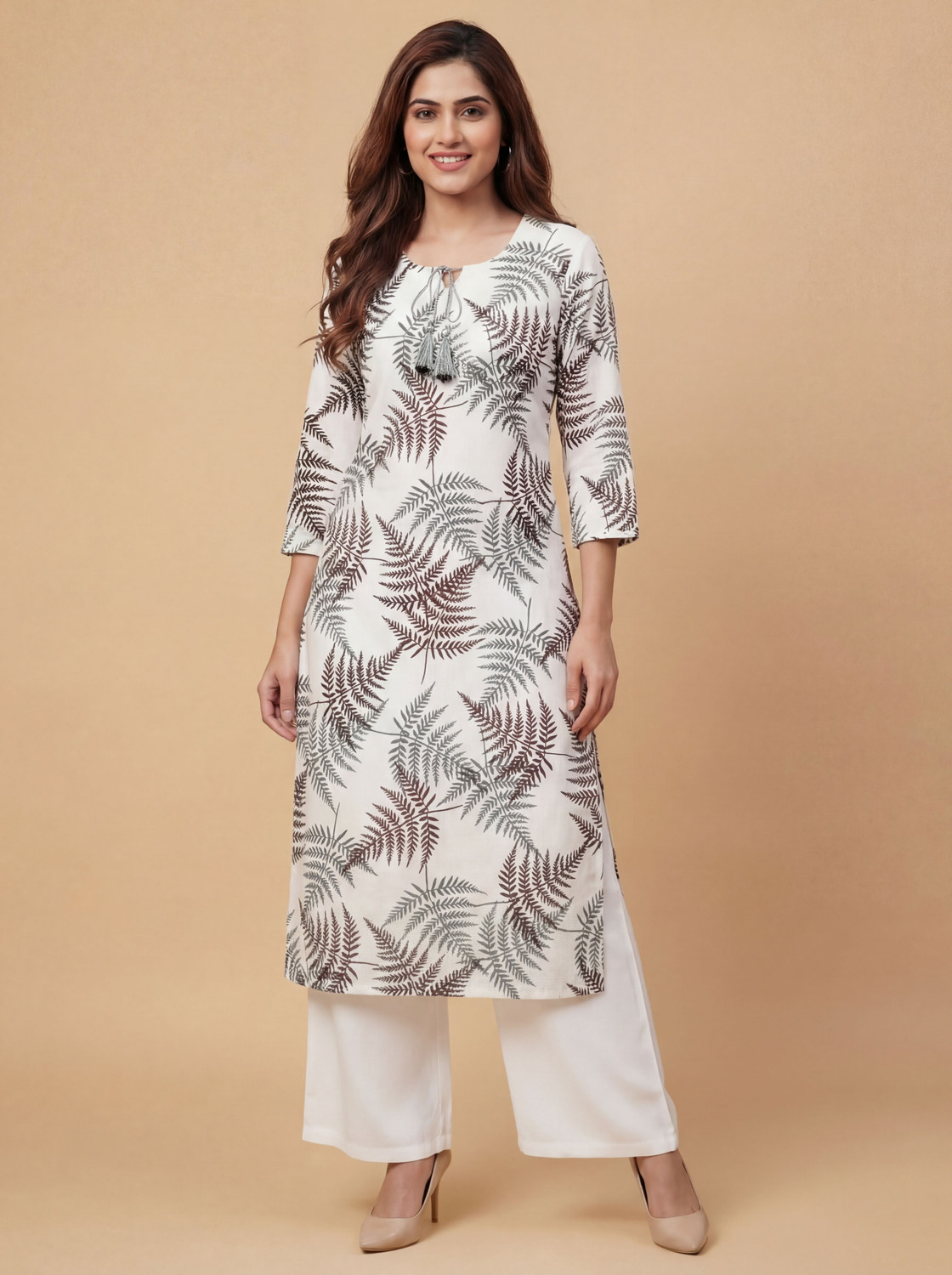 Image of Mahi textile Embroidered Cotton Blend Straight Kurta for Women (Brown)