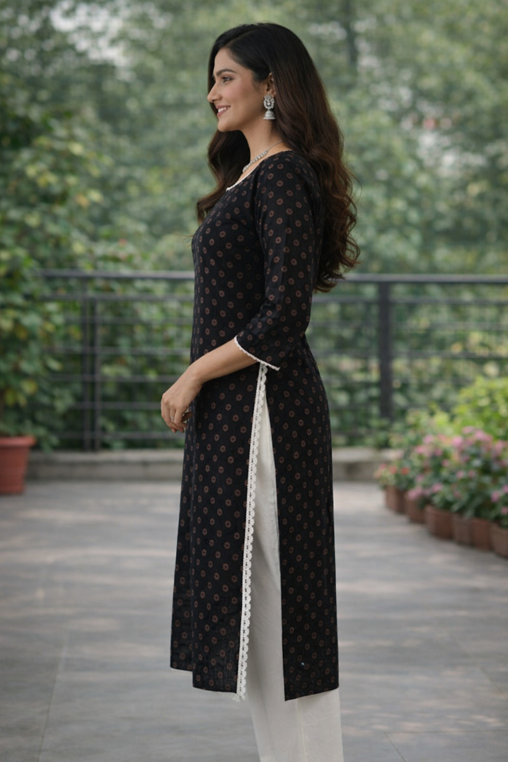 Image of Peachy Robes Printed Viscose Rayon Straight Kurta for Women (Black)