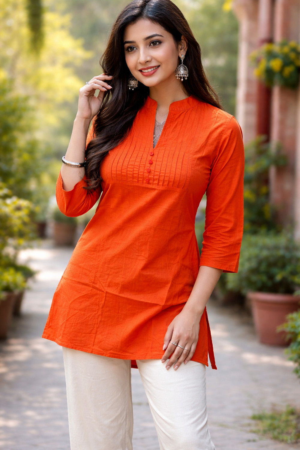 Image of ABC Solid Pure Cotton Straight Kurta for Women (Orange)