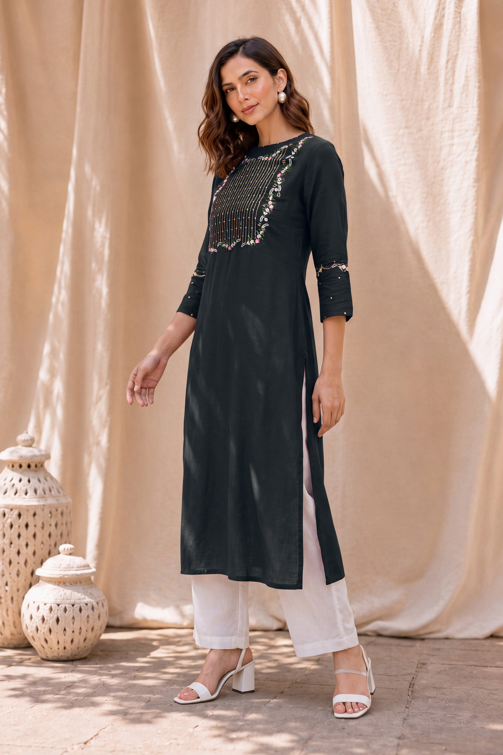 Image of MIRCHI FASHION Embroidered Viscose Rayon Straight Kurta for Women (Black)