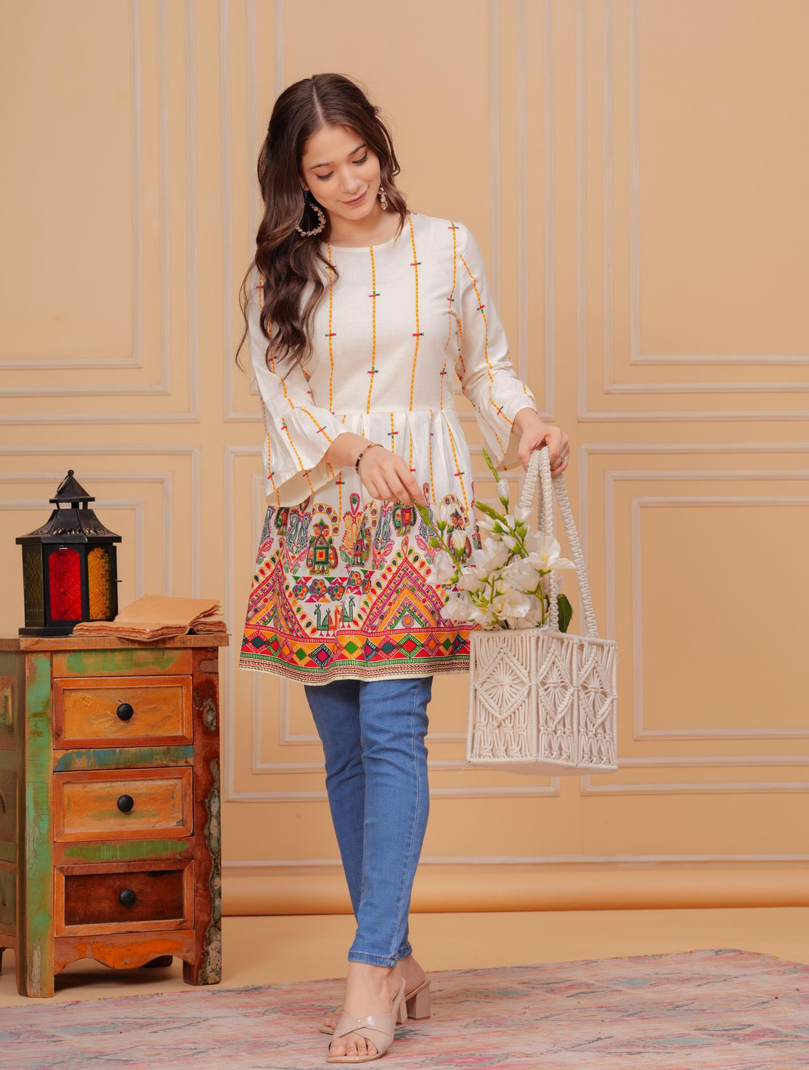Image of HINGLAJRAJ Floral Print Pure Cotton Flared Kurta for Women (White)