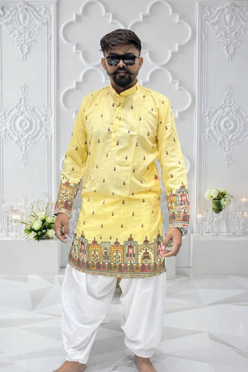 Image of aradhna emporium Printed, Floral Print Pure Cotton Straight Kurta for Men (Yellow)