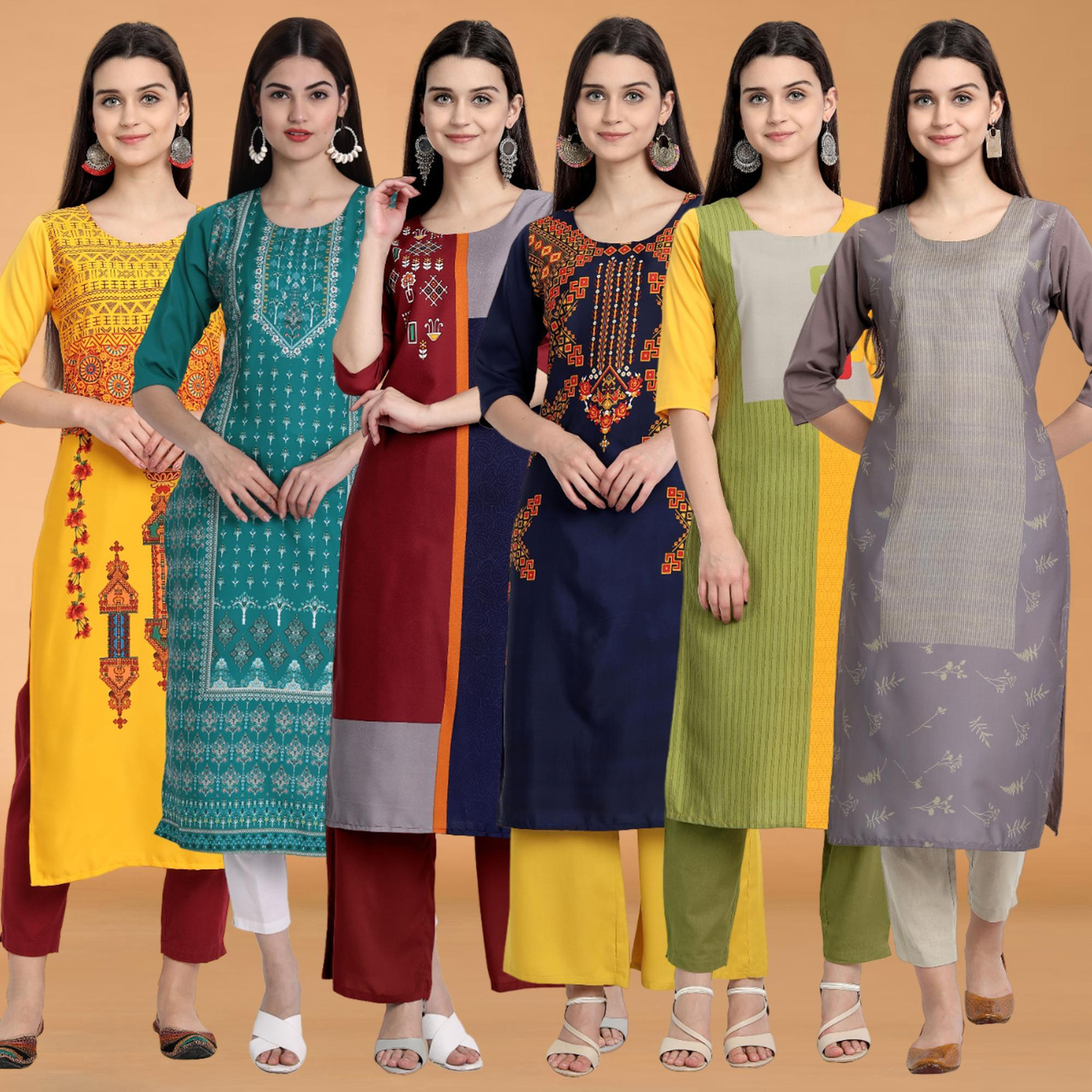 Image of KETAKI FASHION Pack of 6 Printed Polyester Straight Kurta for Women (Multicolor)