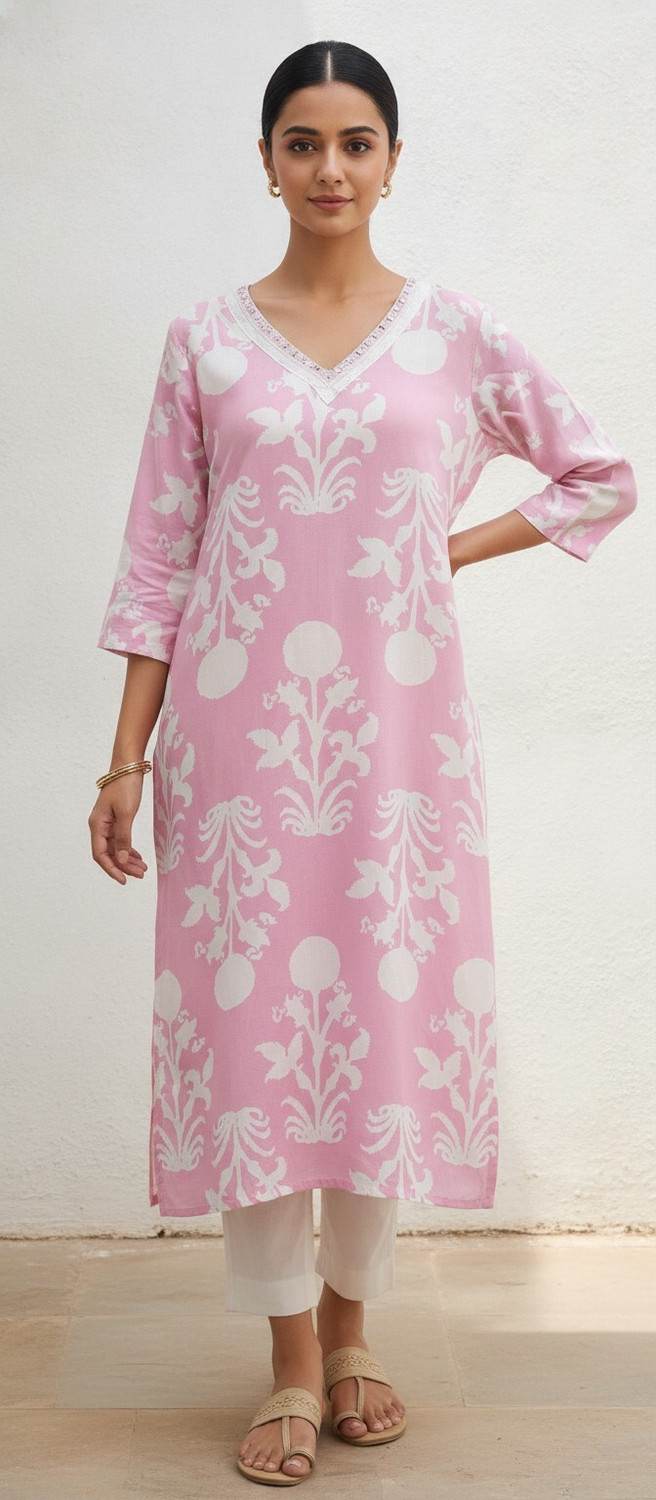 Image of Donne Tenaci Striped, Printed, Embellished Cotton Blend Straight Kurta for Women (Blue)
