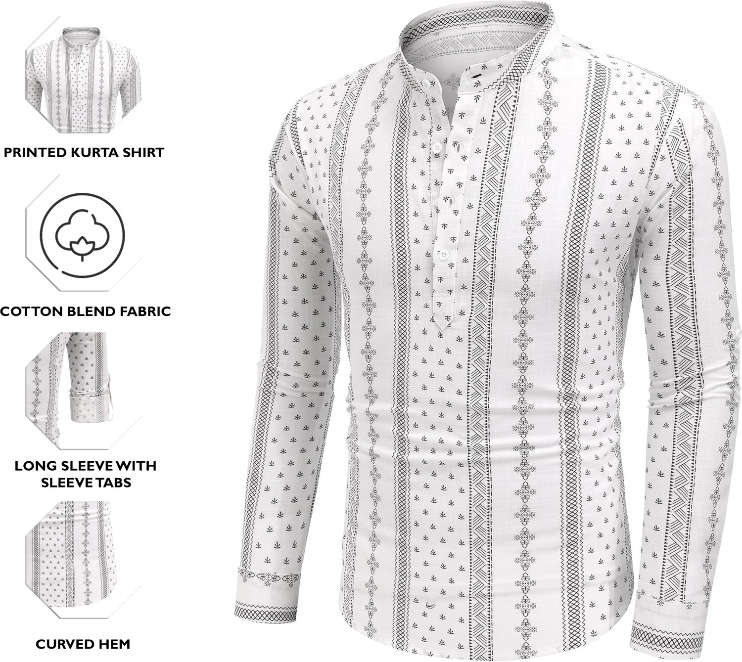 Image of ZIRPIX Printed Cotton Blend Straight Kurta for Men (White)