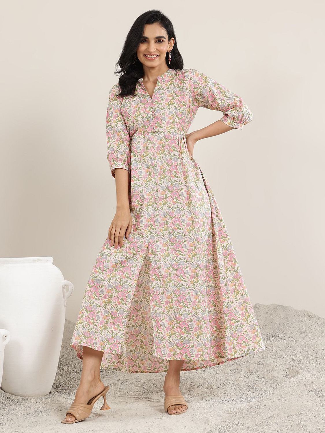 Image of LIBAS Embellished Silk Blend A-line Kurta for Women (Blue)