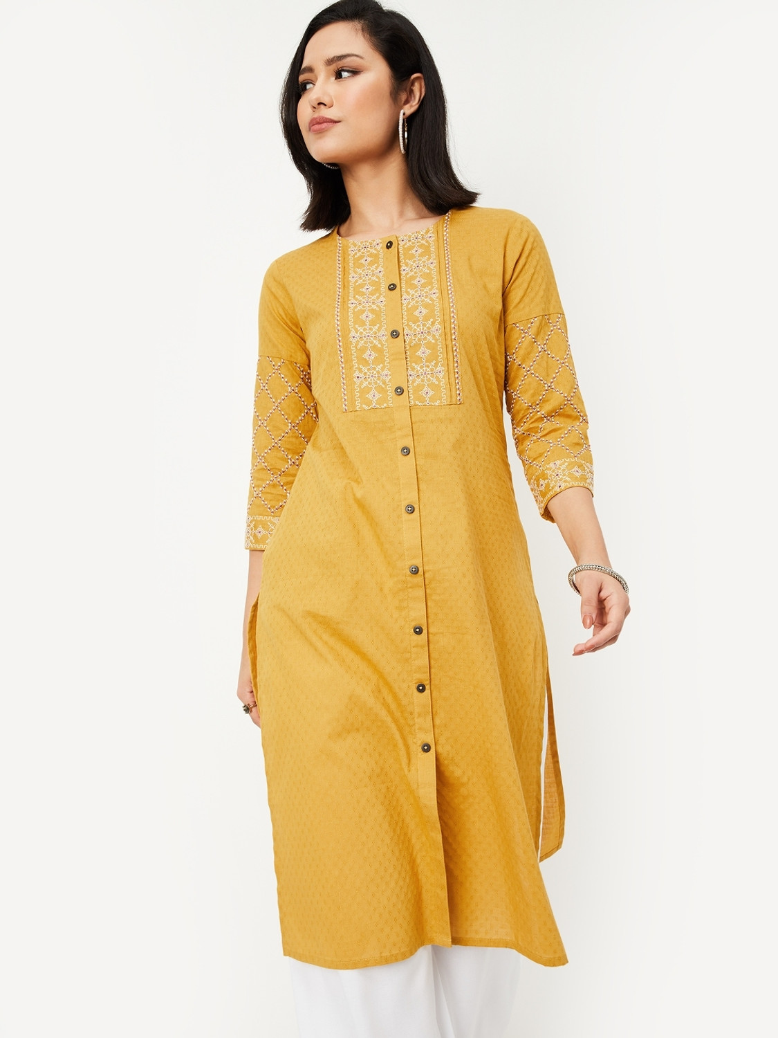 Image of BIBA Solid Viscose Rayon Straight Kurta for Women (Yellow)
