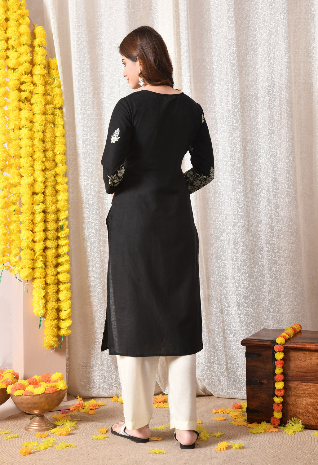 Image of KJFAB Printed Pure Cotton Straight Kurta for Women (Black)