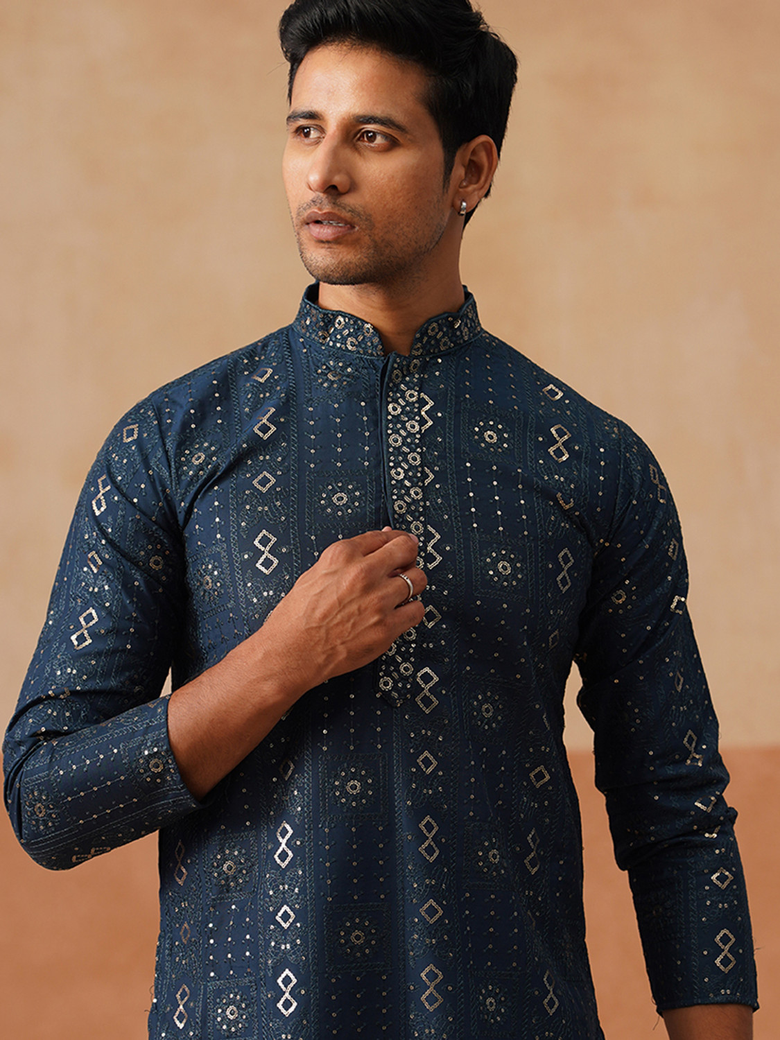 Image of Kisah Printed Viscose Rayon Straight Kurta for Men (Blue)