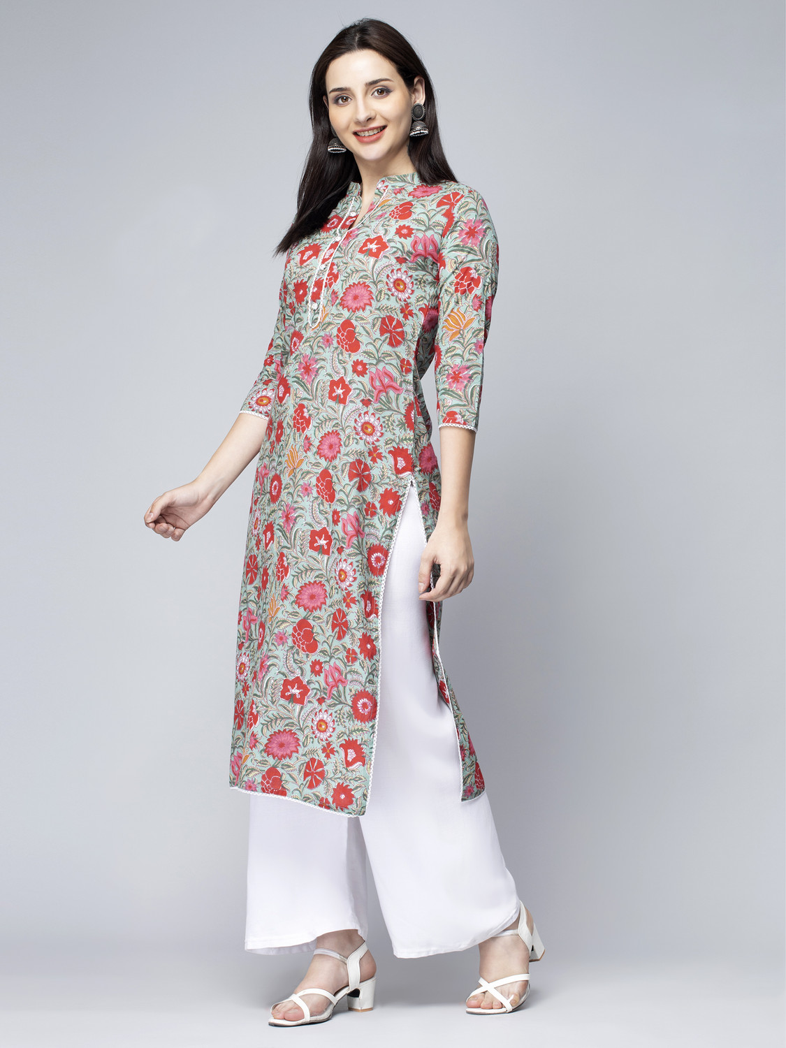 Image of GREYSHADE Floral Print Pure Cotton Straight Kurta for Women (Multicolor)