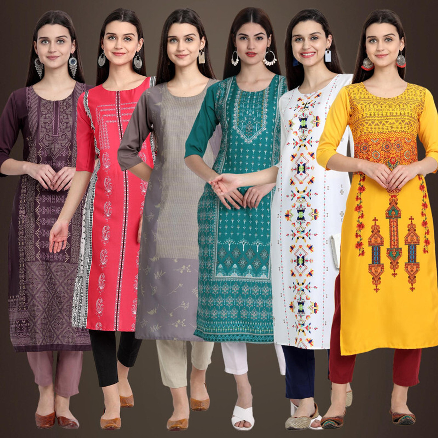 Image of KETAKI FASHION Pack of 6 Printed Polyester Straight Kurta for Women (Multicolor)