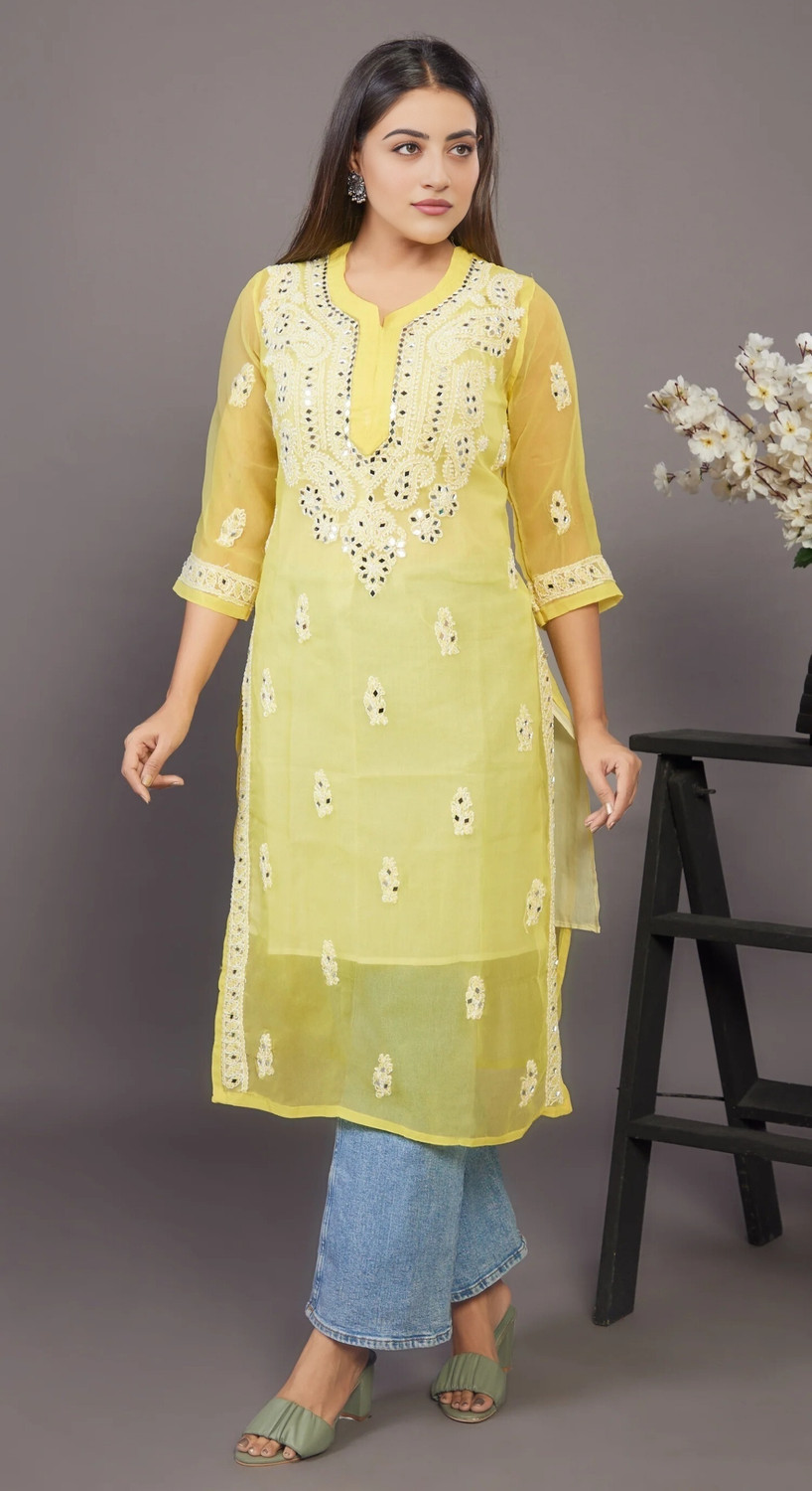 Image of ElegantFashion Chikan Embroidery Georgette A-line Kurta for Women (Yellow)