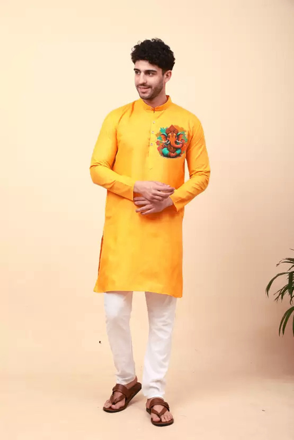 Image of Ethnic Corner Solid Cotton Blend Straight Kurta for Men (Yellow)