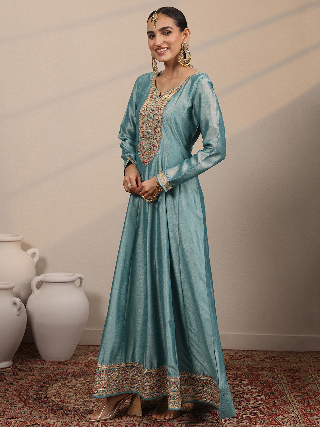 Image of LIBAS Embroidered Silk Blend A-line Kurta for Women With Attached Dupatta (Blue)