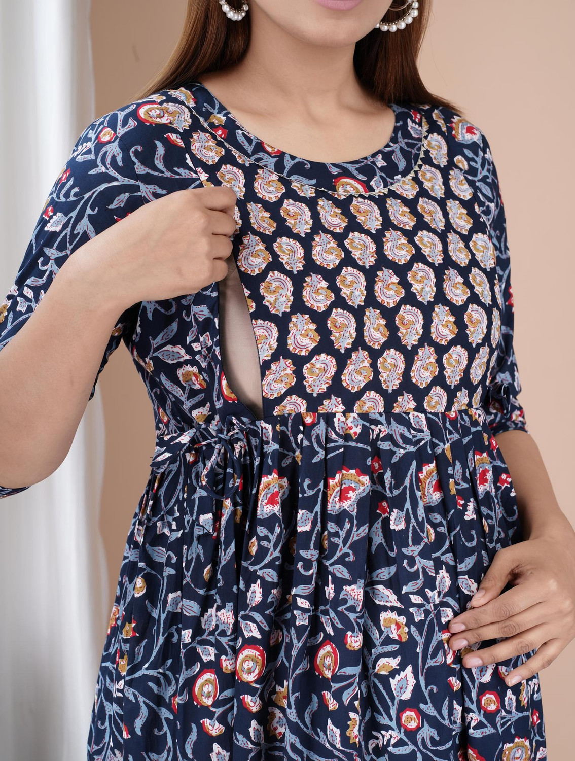 Image of PIROKI Printed Pure Cotton Anarkali Kurta for Women (Blue)