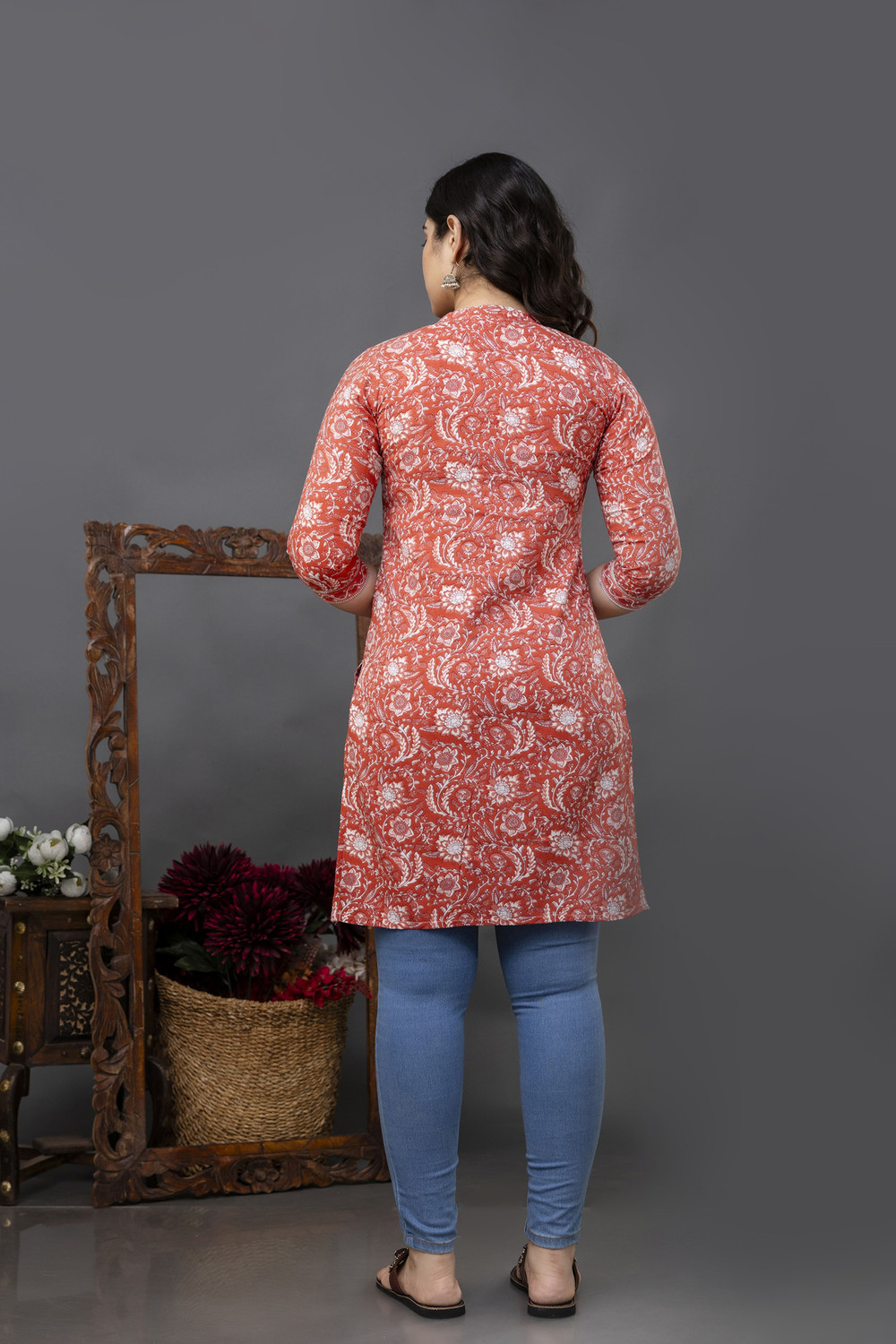 Image of Madfury Printed Pure Cotton Straight Kurta for Women (Red)