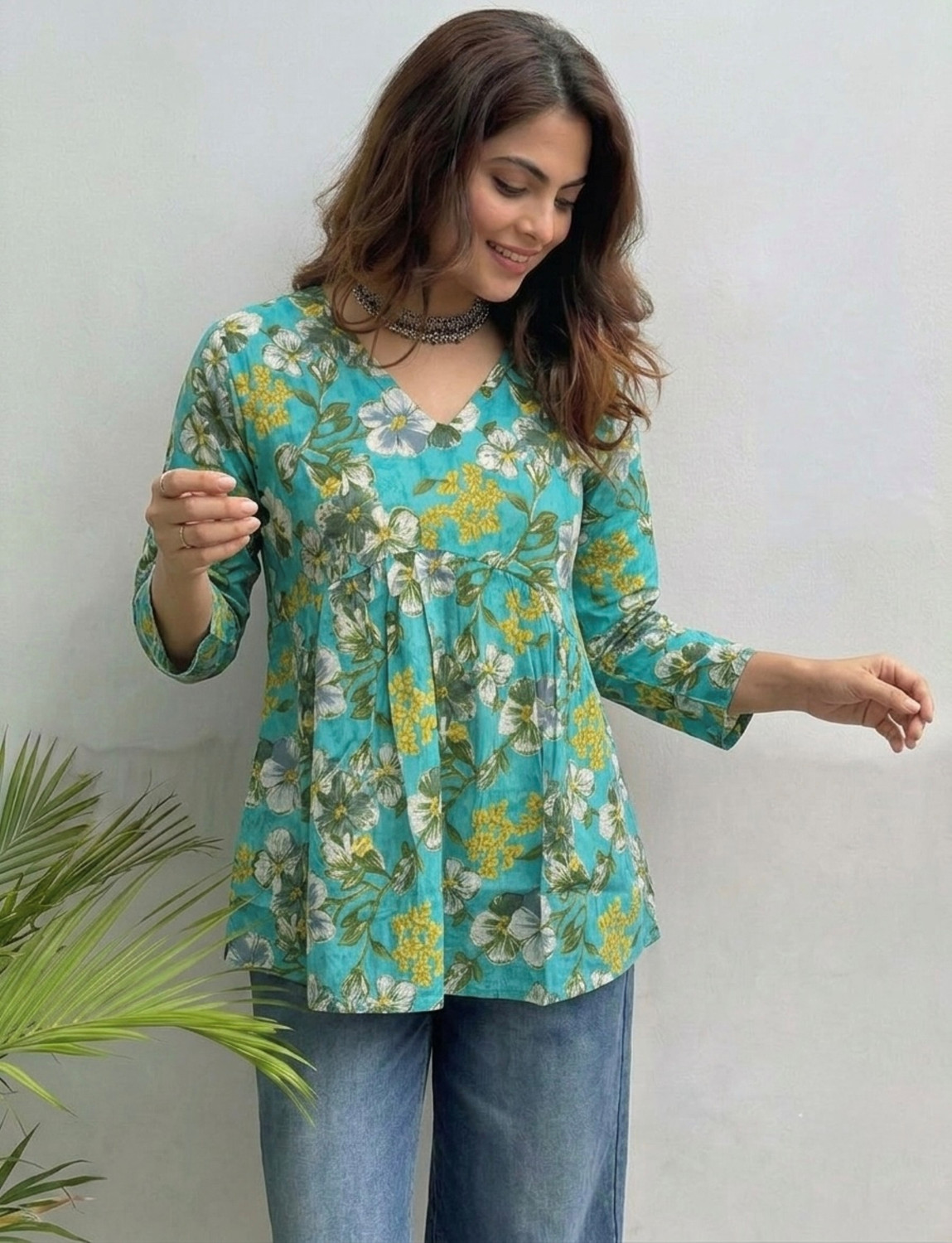 Image of Mialo fashion Floral Print Viscose Rayon Flared Kurta for Women (Light Blue)