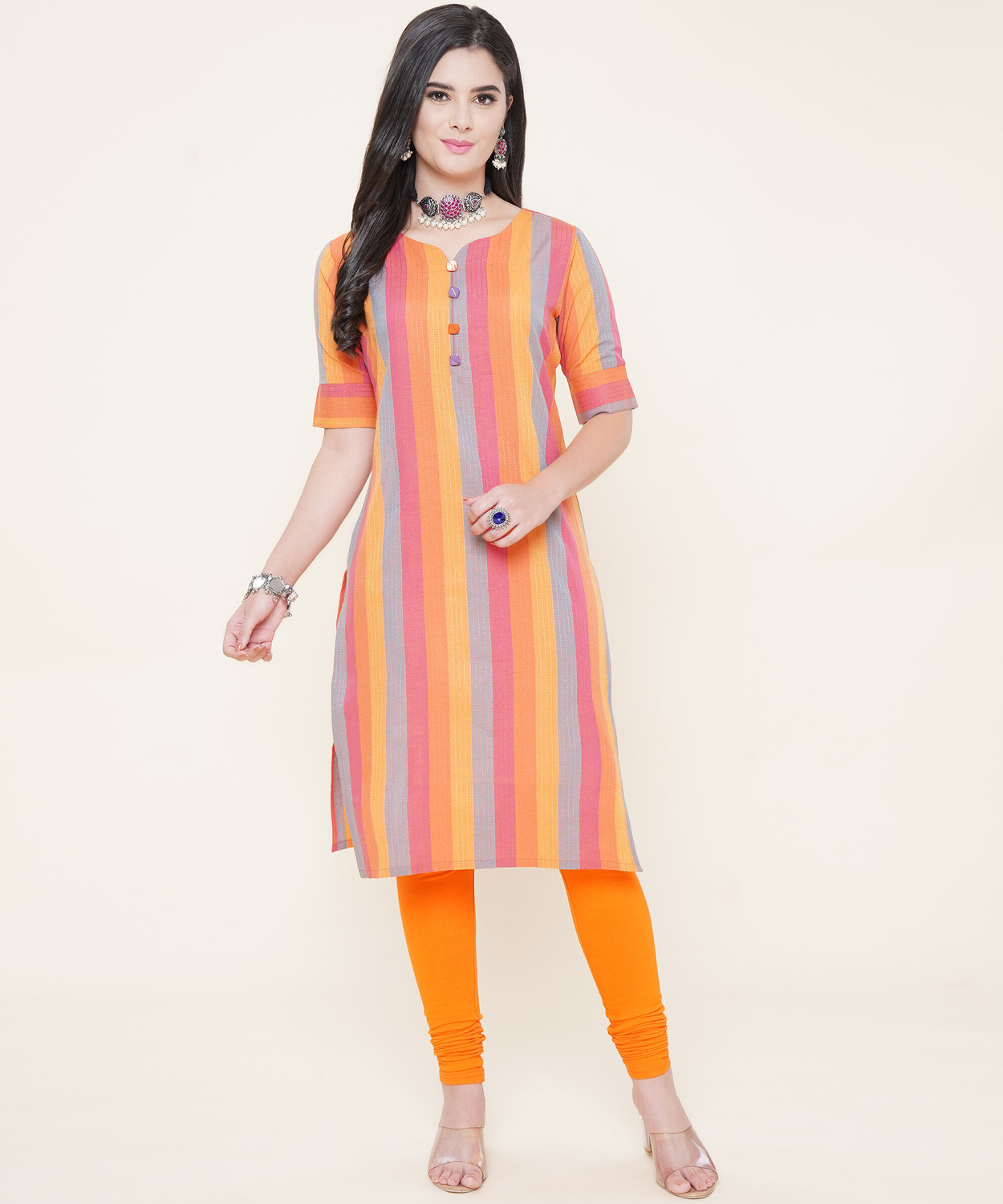 Image of InWeave Striped Pure Cotton Straight Kurta for Women (Blue)